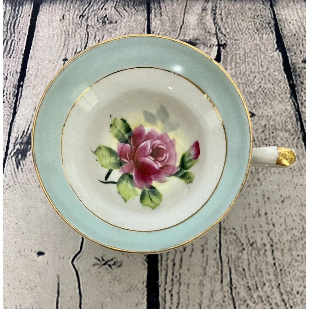 Vintage Hand Painted Rose Motif Japan Blue‎ Porcelain Teacup Gold Accents